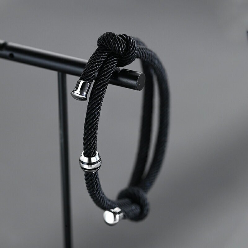 S925銀手鍊男性流行飾品黑繩手串男士編織手繩手環【聚物優品】