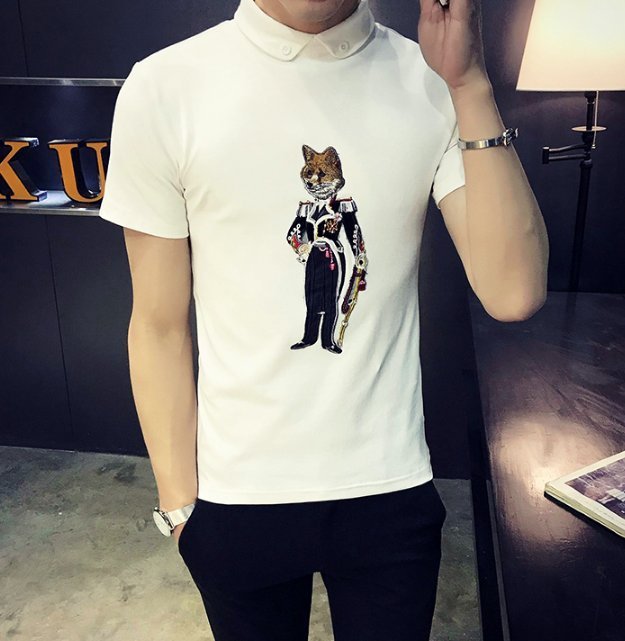 FINDSENSE Z1 韓國 時尚 潮 男 夏季新款 翻領 狐狸刺繡 短袖T恤 特色短T