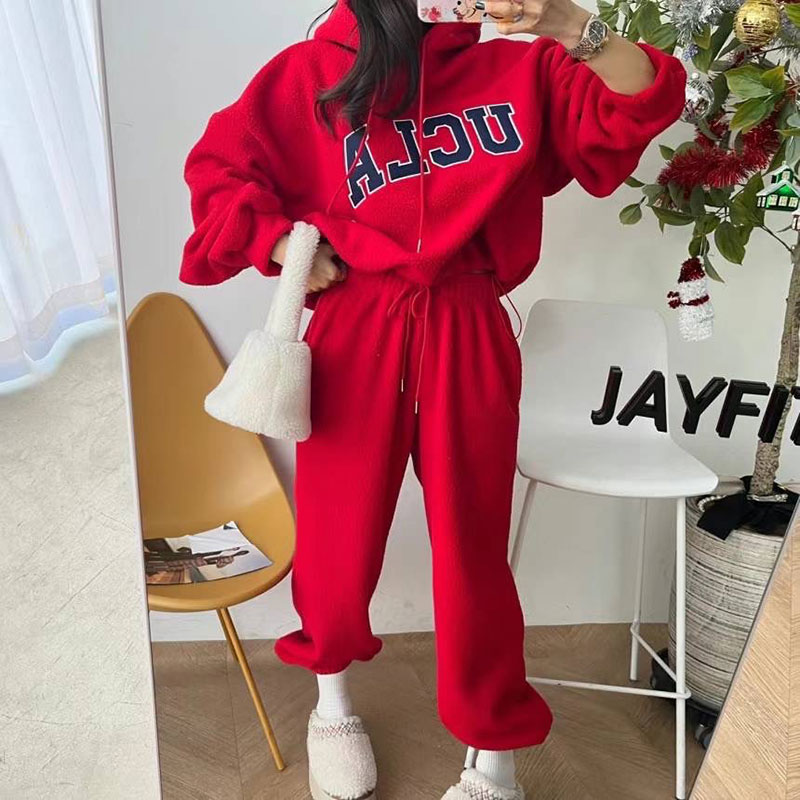 ANNAS 正韓紅色套裝 UCLA羊羔毛套裝 韓國刷毛連帽衛衣長褲 新年 過年 2024龍年開運穿搭 4