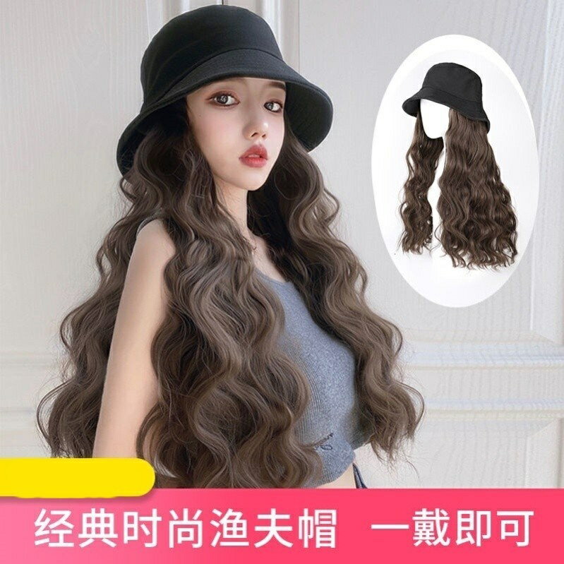 新款漁夫帽假髮帽子假髮一件式式帽子一件式水波紋捲髮假髮女長卷發網紅時尚長卷發全頭套