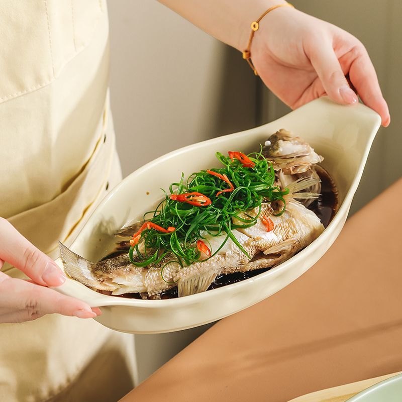 開發票 餐具 加厚雙耳魚盤家用蒸魚盤子輕奢湯盤深盤菜盤高階感大號特厚裝魚盤