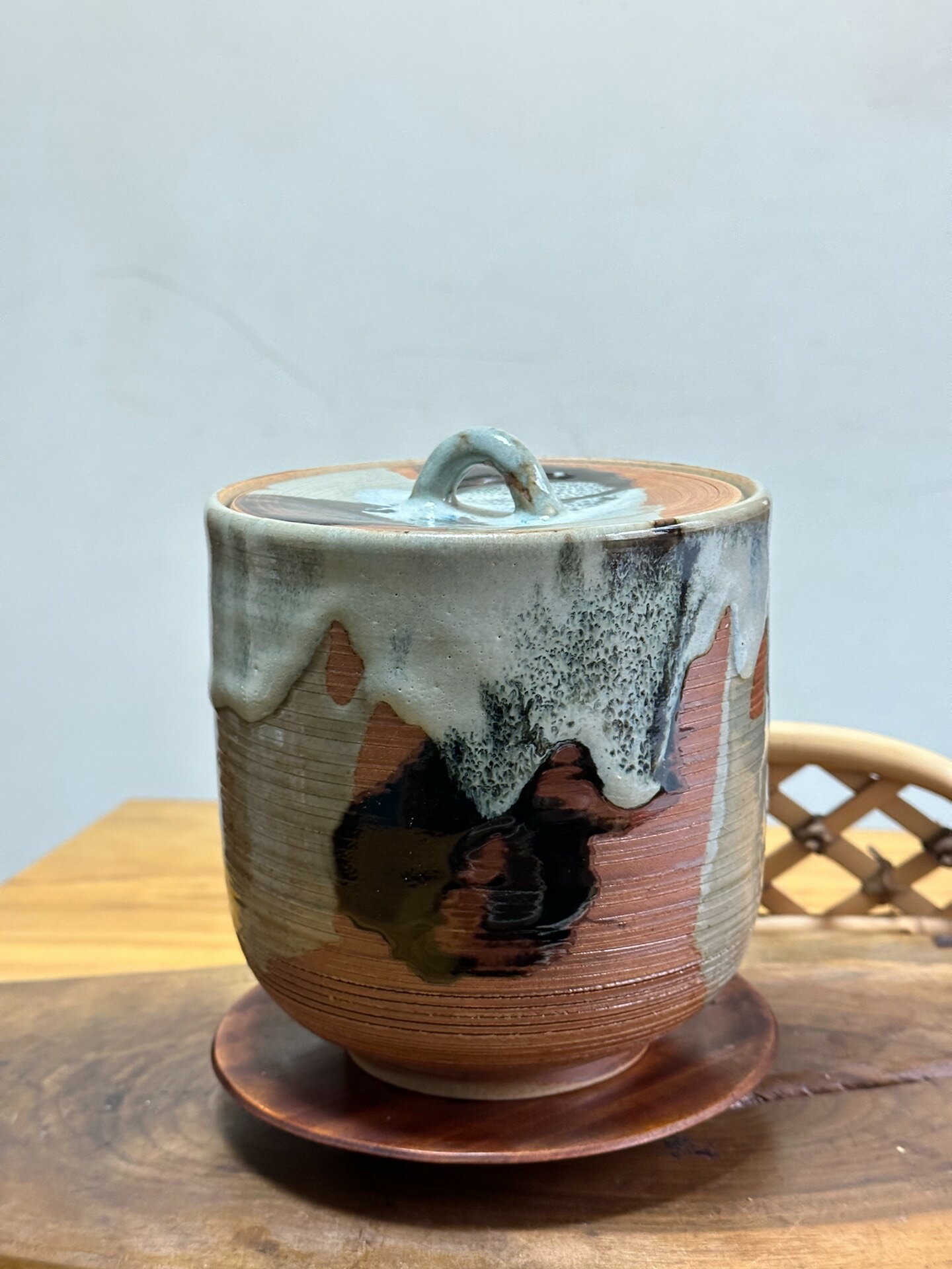 日本中古回流肥釉窯變名家阿漕作水指 儲水罐 存放茶葉罐