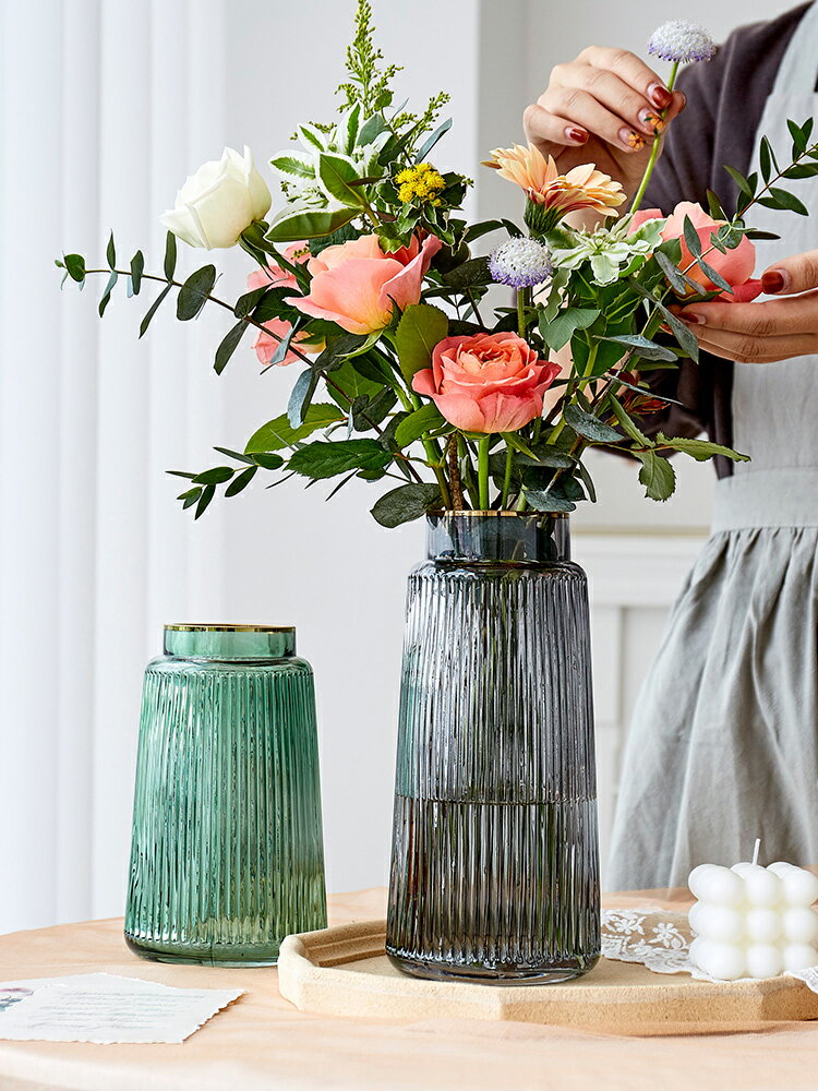 輕奢復古條紋玻璃花瓶現代簡約鮮花干花插花花器客廳家居裝飾擺件