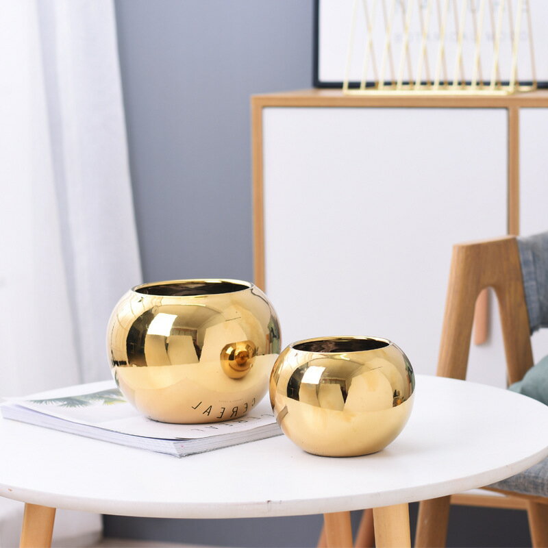 花盆 北歐創意金色陶瓷花瓶 客廳電視裝飾花插擺件直筒花盆