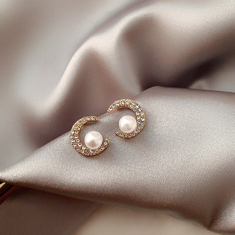 925銀針簡約珍珠月牙耳釘氣質百搭鑲鉆耳環高級感耳飾