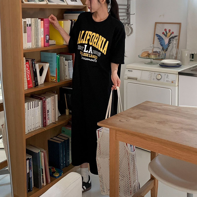 ANNAS 正韓 LA字母懶人裙 洋裝 短袖 長裙 長洋 休閒 運動 長版T 顯瘦 寬鬆 棉質 長洋裝 韓國 5