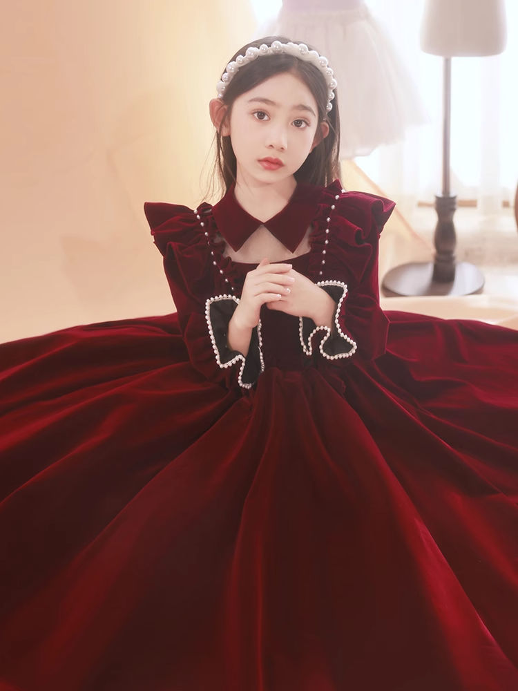 女童禮服紅色高階公主裙春夏季花童女孩主持人兒童鋼琴演奏演出服