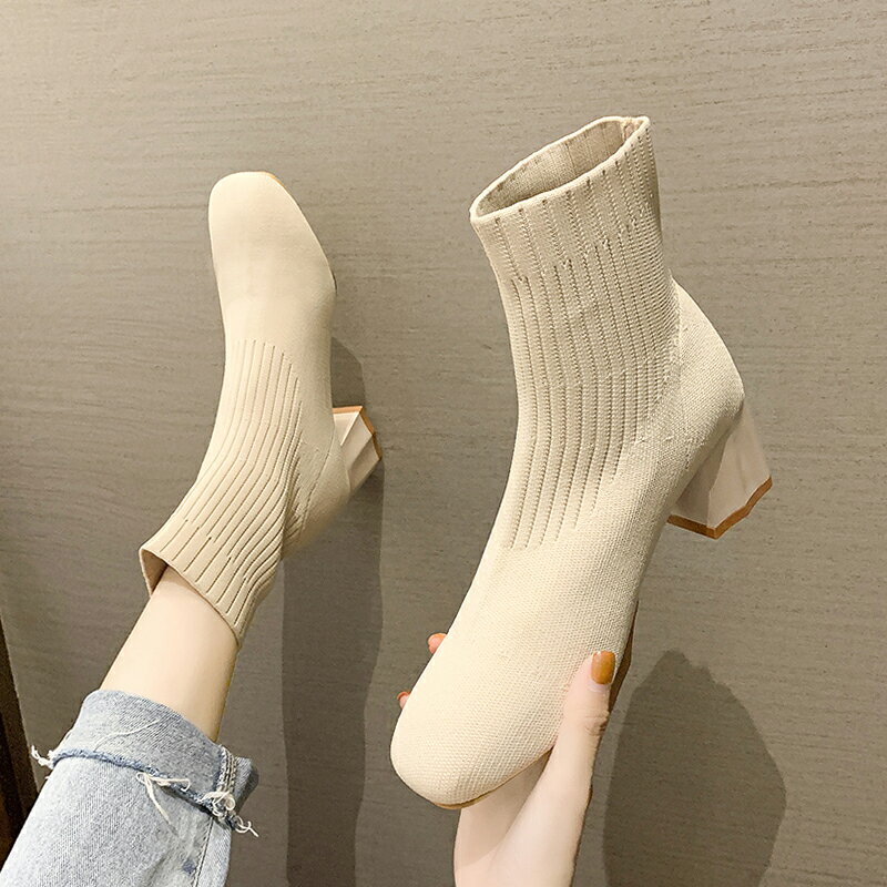 2021新款秋季襪子靴針織飛織高跟毛線彈力靴方頭粗跟短靴馬丁靴女