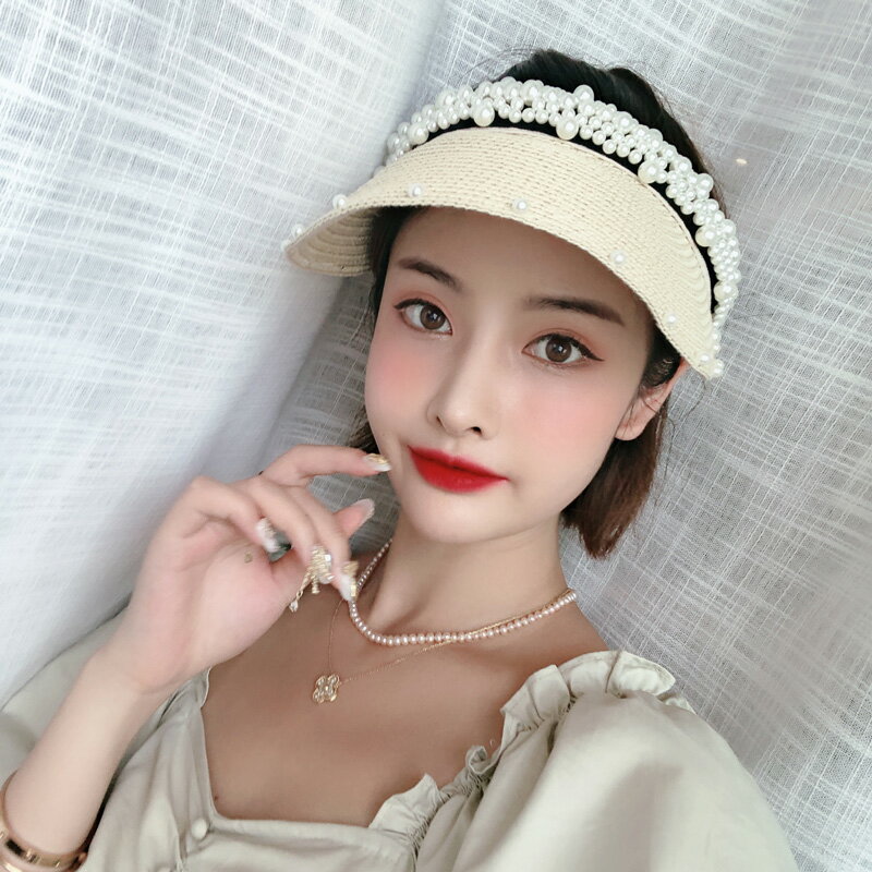 珍珠空頂草帽韓版防曬夏季韓國網紅遮陽帽復古個性韓國時尚帽子女1入