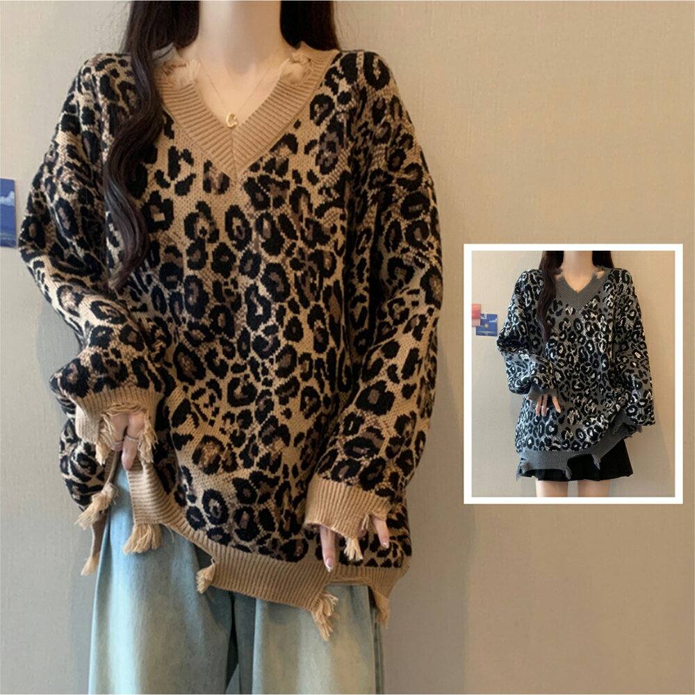 ＊ORead＊毛邊豹紋V領寬鬆套頭毛衣(2色M~4XL)【限定加碼✿全館滿額再折】