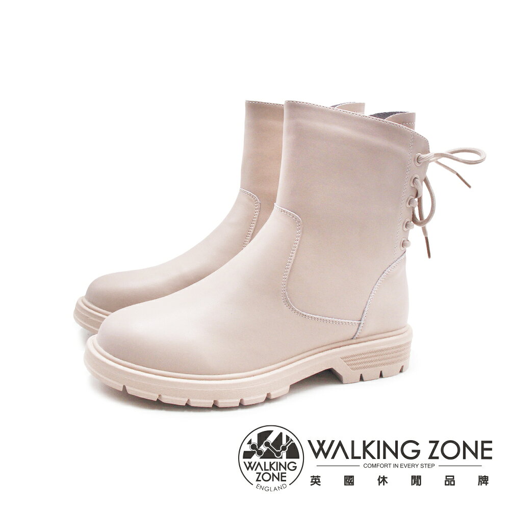 WALKING ZONE(女)翻玩設計圓頭後綁帶平底靴 女靴-杏