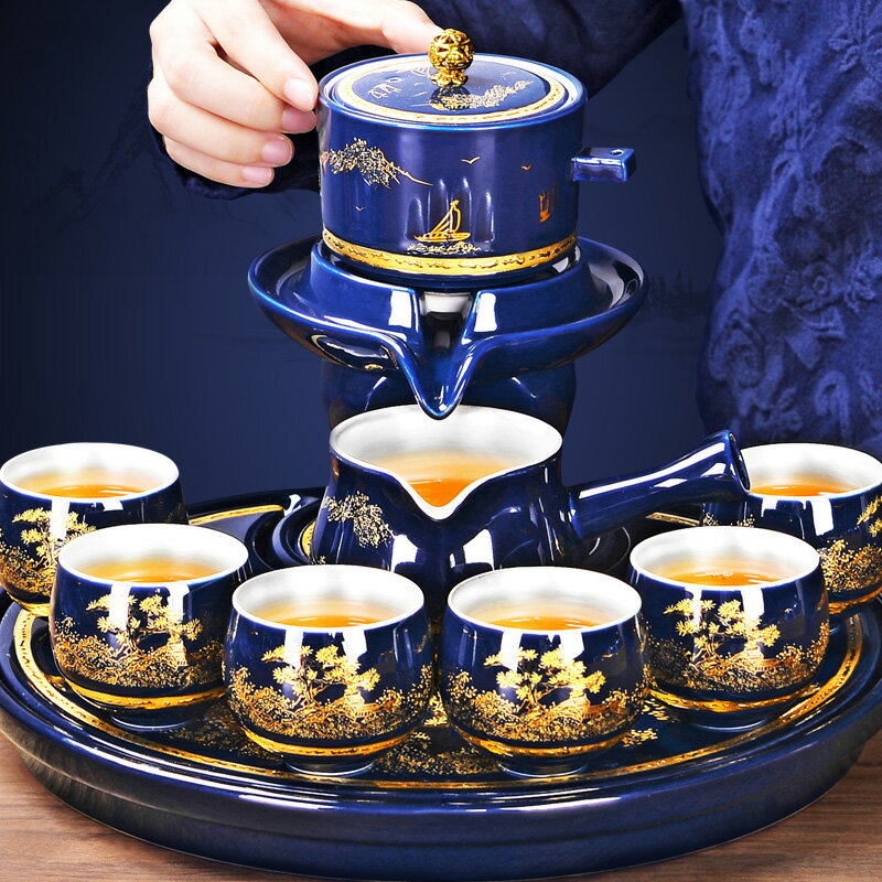 鎏銀功夫茶具套裝家用辦公石磨自動禮盒裝復古茶盤泡銀茶杯
