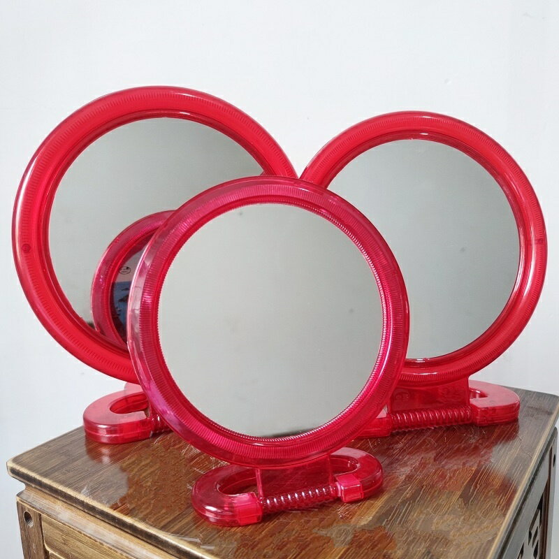 老式鏡子懷舊掛鏡壁掛便攜復古精致小塑料圓形化妝鏡中式結婚紅色