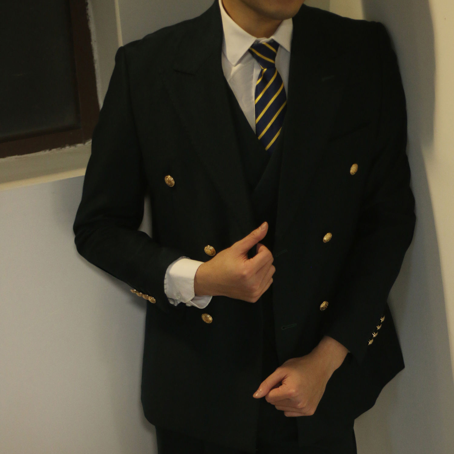 【625布雷澤西裝戧領男士金屬雙排扣休閑黑色修身英倫復古英式西服套裝【北歐家居生活】