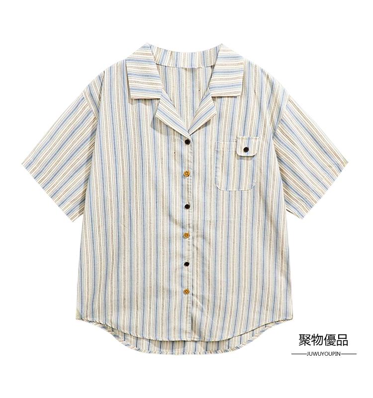 復古日系短袖條紋襯衫夏季薄款日本襯衣寬版設計感小眾法式上衣