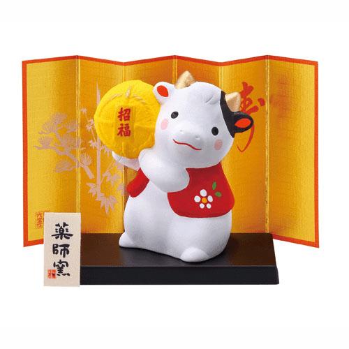 大賀屋 日貨 錦彩招福醜 招福 牛年擺飾 十二生肖 藥師窯 裝飾 公仔 擺飾 模型 J00019849
