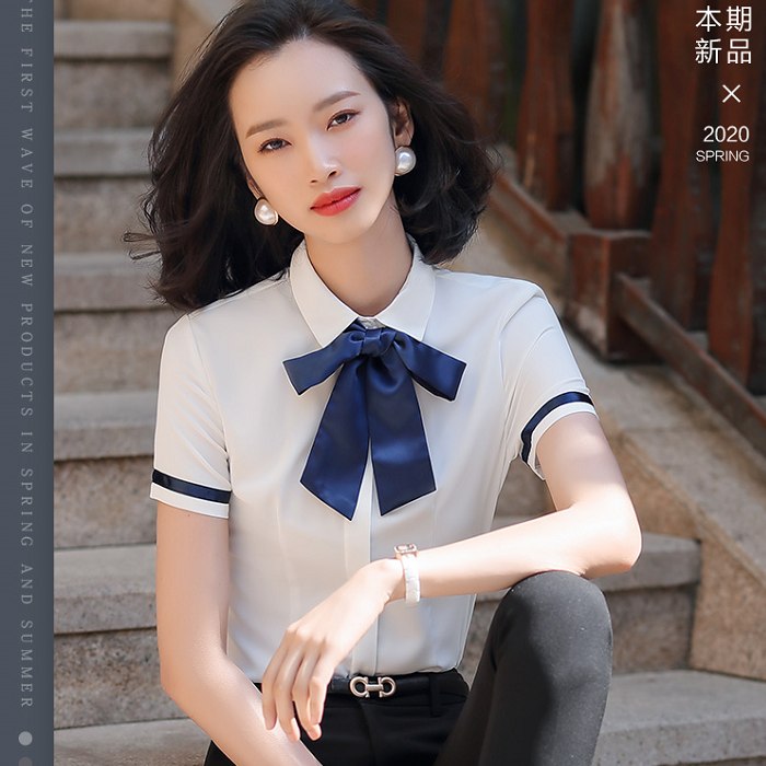 白色配色面試上班短袖OL襯衫上衣(附領結)[20S74-PF]灰姑娘