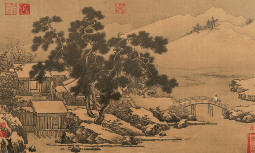 仿古畫名畫復製品宋劉松年四景山水圖冬66-40釐米山水畫名人字畫