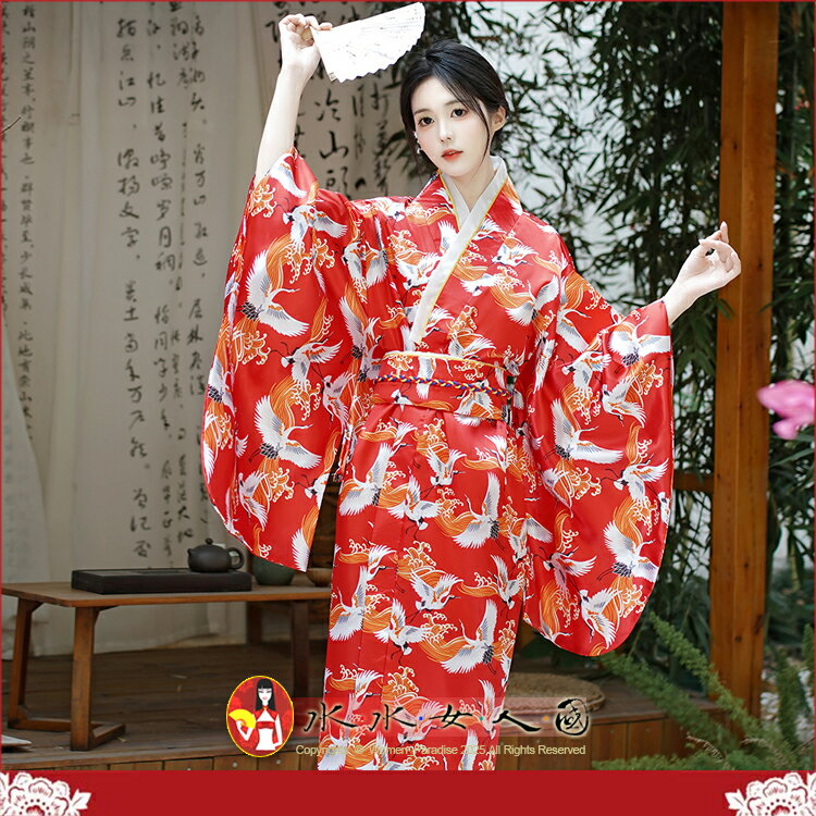 熱賣爆款！日式綢緞和服浴衣睡袍，復古印花，東瀛和服風，少女寫真舞台表演必備｜紅色仙鶴｜水水女人國