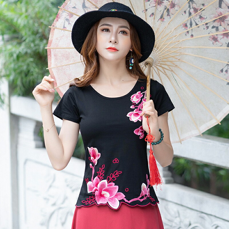 春夏季新款中國風女裝復古民族風刺繡短袖T恤修身顯瘦