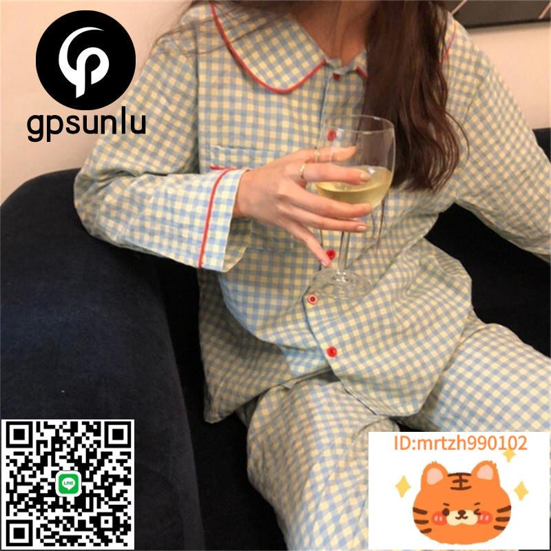日本代購GP純棉長袖格子睡衣女2024春秋夏韓版休閑長褲家居服套裝-時尚精品
