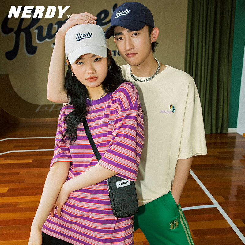 NERDY2022夏新款韓國潮牌彩色條紋圓領短袖T恤基礎簡約休閑上衣女