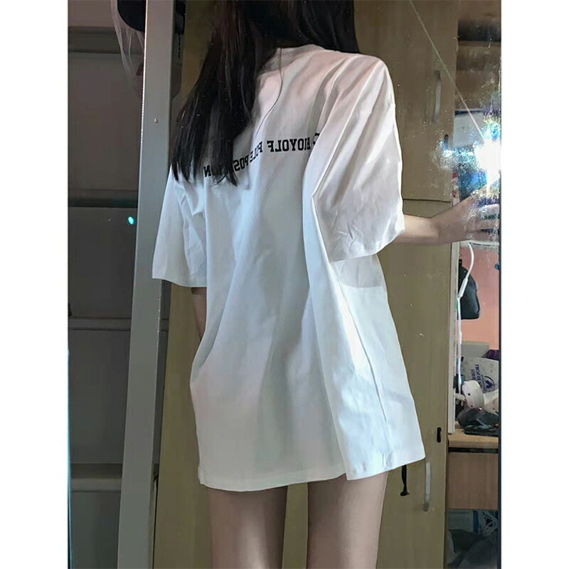 短袖 夏季純棉正肩大碼t恤 女寬松韓版設計感小眾白色上衣【淘夢屋】