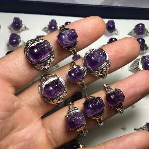 天然紫水晶貔貅戒指女款白銅托活口男士水晶指環招財轉運時尚飾品