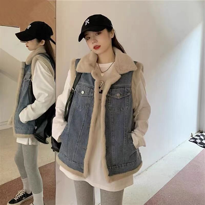 FUXI 加絨牛仔背心外套女 羊羔毛牛仔馬甲 加厚保暖馬甲外套 翻領牛仔背心 韓版寬鬆休閒外套 女裝 衣服