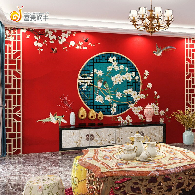 新中式花鳥故宮紅墻紙中國風裝飾無縫墻布網紅拍照劇本殺主題壁紙
