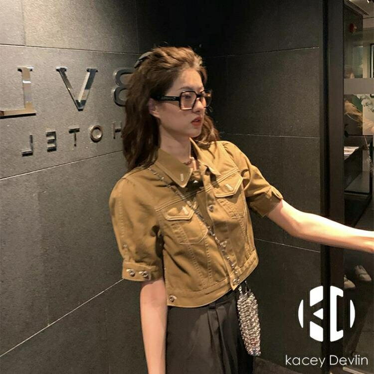 法式復古短款短袖別致高腰牛仔襯衫上衣外套女裝夏【聚物優品】