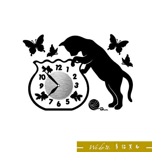 Wall Clock Sticker貓咪壁貼時鐘-魚缸與貓