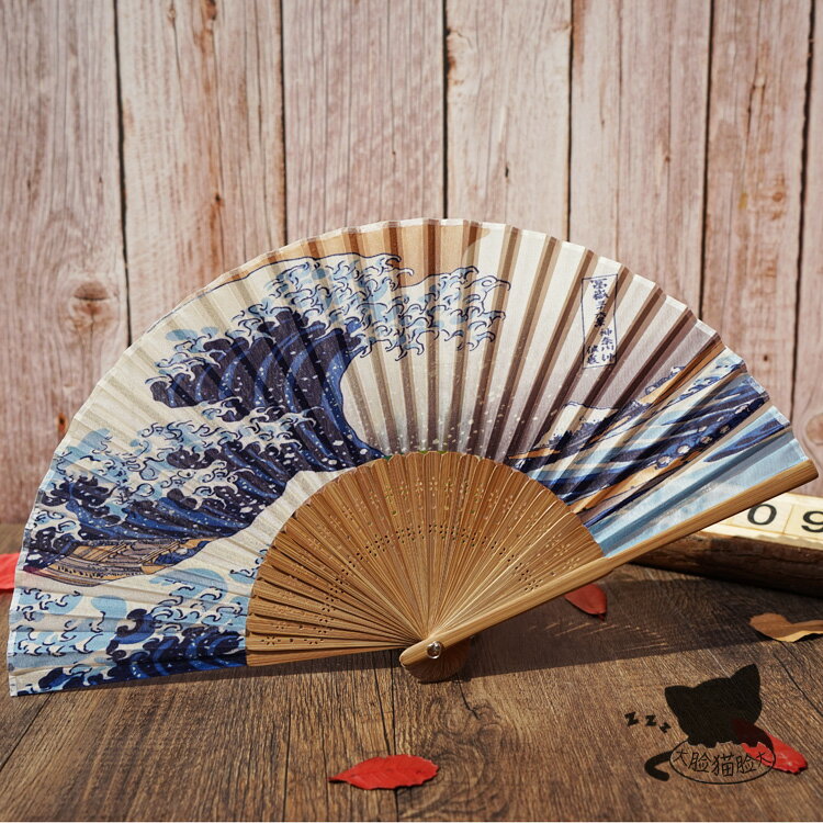 漢服小巧中國古風女摺扇日本日式真絲扇子和風神奈川沖浪裡海浪