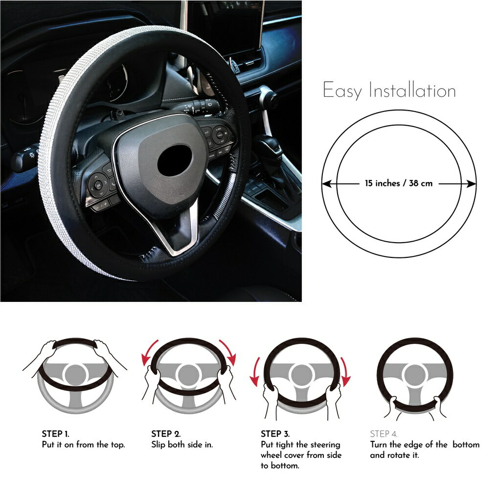 女神專用鑲鑽皮革方向盤套 水晶萊茵石 適用於15英吋(約 38.1 公分) Carster 嚴選車用品 3