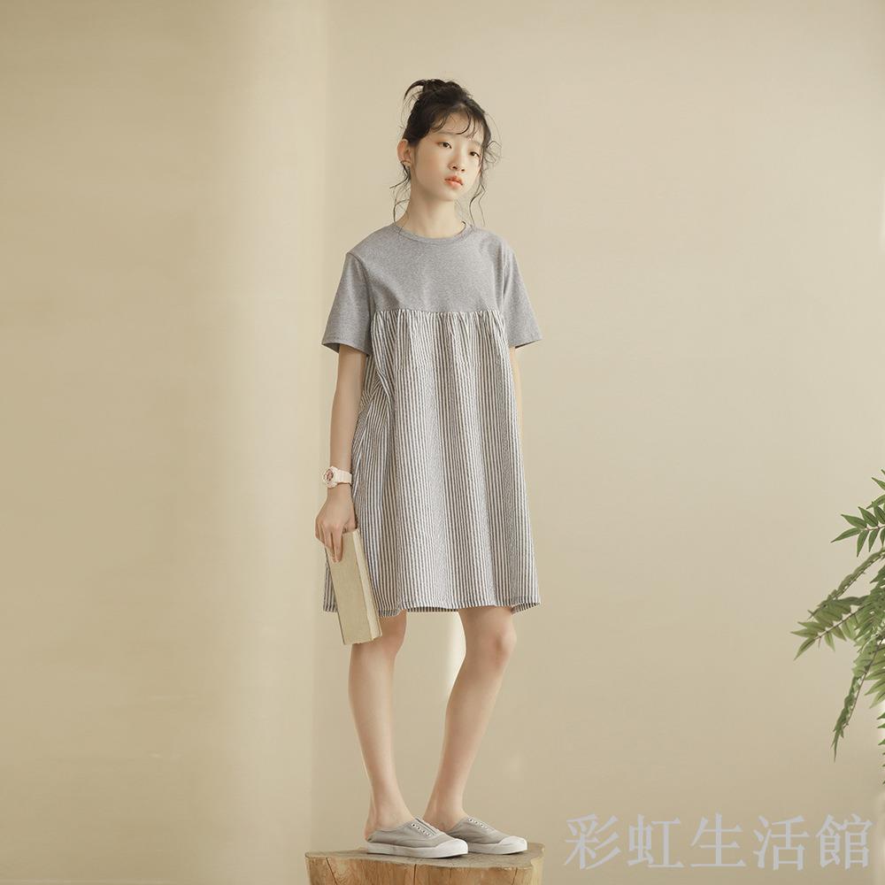 日韓系童裝女童寬松娃娃連衣裙夏季2023胖中大兒童拼接針織T恤裙