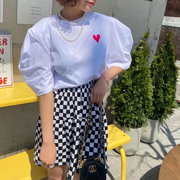 ANNAS 正韓 刺繡 愛心 墊肩 上衣 短袖 T 公主袖 肩膀造型 棉質 韓國設計師款 2