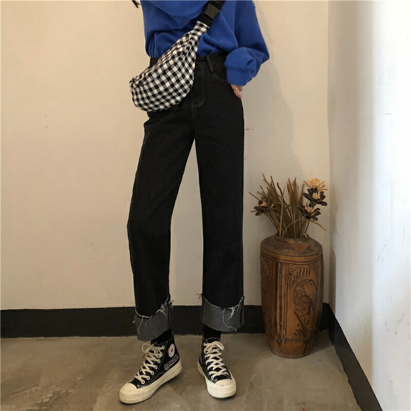 高腰牛仔褲女新款寬松洋氣學生褲子女顯瘦百搭直筒卷邊闊腿褲1入
