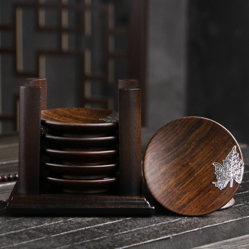 黑檀木茶杯墊套組帶架子純錫荷楓葉杯托擺件中式復古實木茶道配件