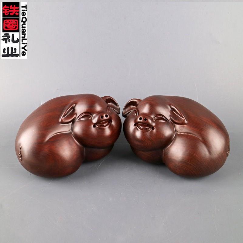 鐵圈禮業黑檀木雕豬擺件小豬裝飾實木工藝品家居飾品客廳木製擺設
