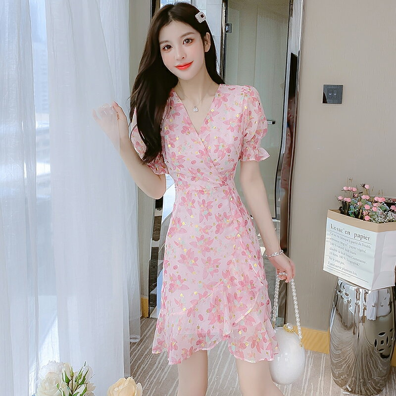 碎花雪紡連衣裙子女裝夏季2022年新款小個子收腰氣質甜美仙女薄款