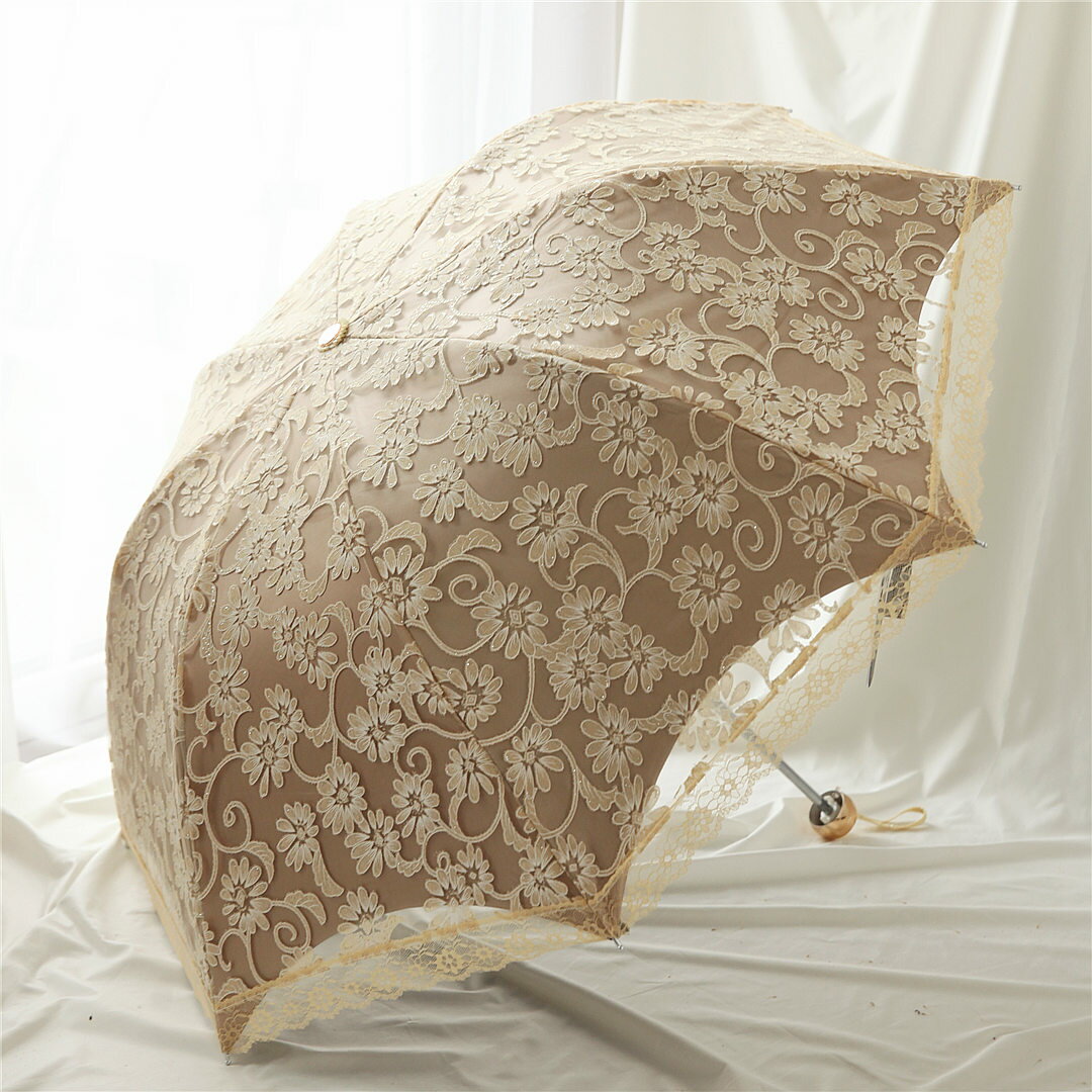 沛欣洋傘 金膠蕾絲邊刺繡雙層三折疊傘不透光太陽傘晴雨傘遮陽傘