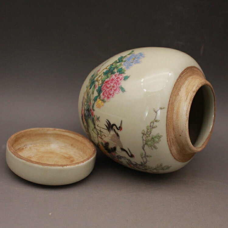 値打ち品清 同治粉彩 花鳥仙鶴迎春 茶葉罐 小蓋罐 古玩 古董 古陶瓷器X007 清