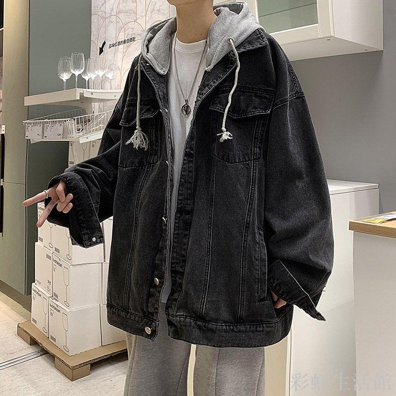 日系復古假兩件牛仔衣chic港風工裝服外套男oversize連帽夾克秋季