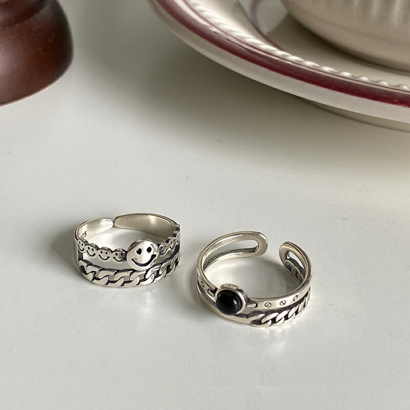 925純銀復古做舊笑臉戒指女ins潮小眾設計時尚雙層食指戒個性開口 3