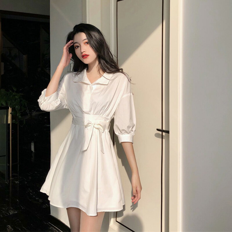 夏季系帶收腰半袖襯衫裙子2022新款復古韓版仙女超仙白色連衣裙子