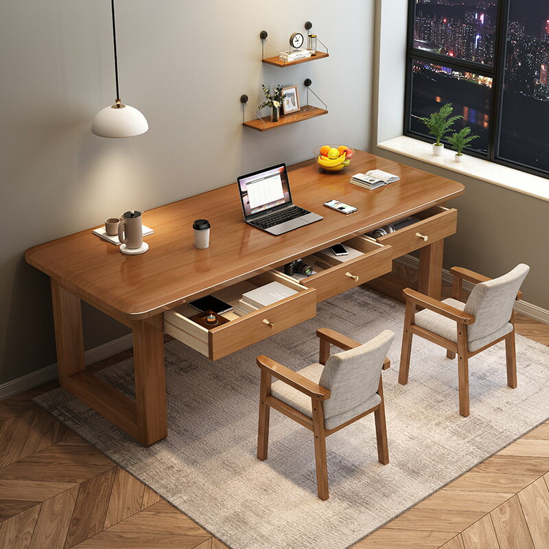 實木書桌靠窗長條桌子家用書房辦公桌電腦桌現代簡約三人寫字桌椅