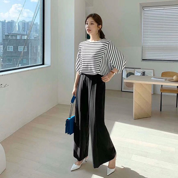 ANNAS 正韓 設計師款 條紋 蝙蝠袖 上衣 寬鬆 襯衫 T 素面 飛鼠袖 顯瘦 百搭 氣質 上班族 短袖 韓國 4