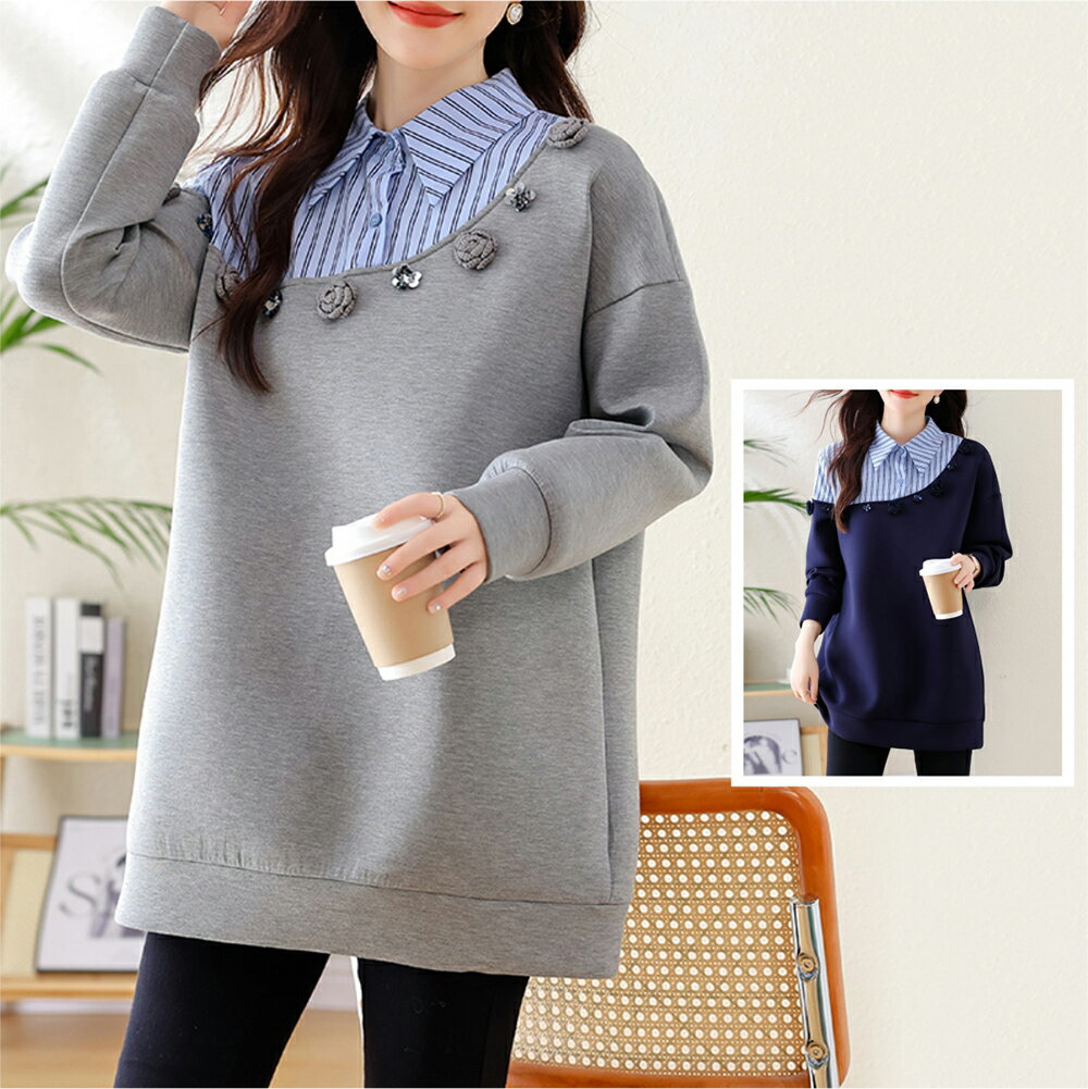＊ORead＊假兩件條紋拼接長袖衛衣(2色M~4XL)【限定加碼✿全館滿額再折】