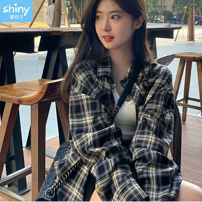 原味新感．復古格紋寬鬆長袖襯衫外套-shiny藍格子【V3892】