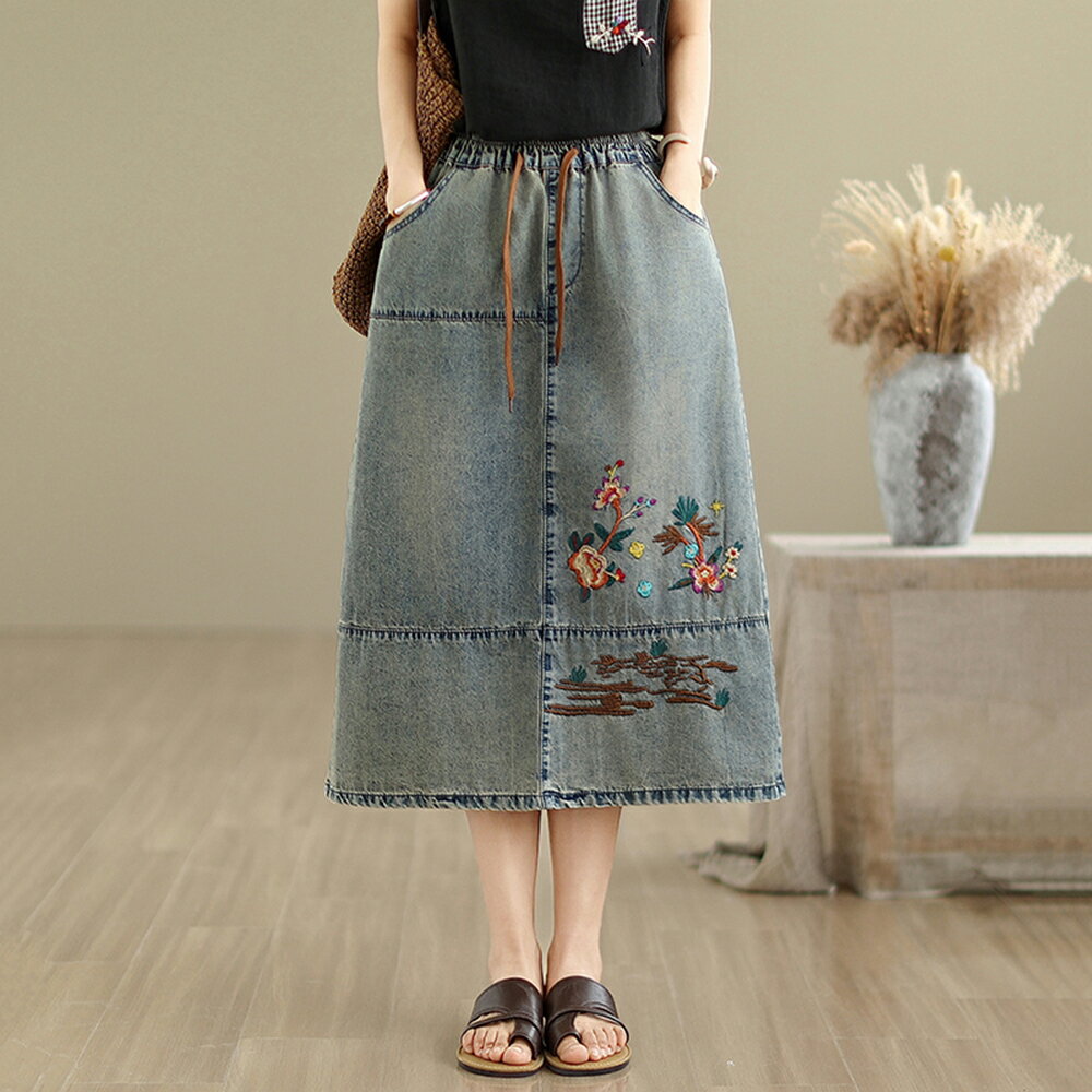 ＊ORead＊刺繡花牛仔半身裙(藍色L~XL)